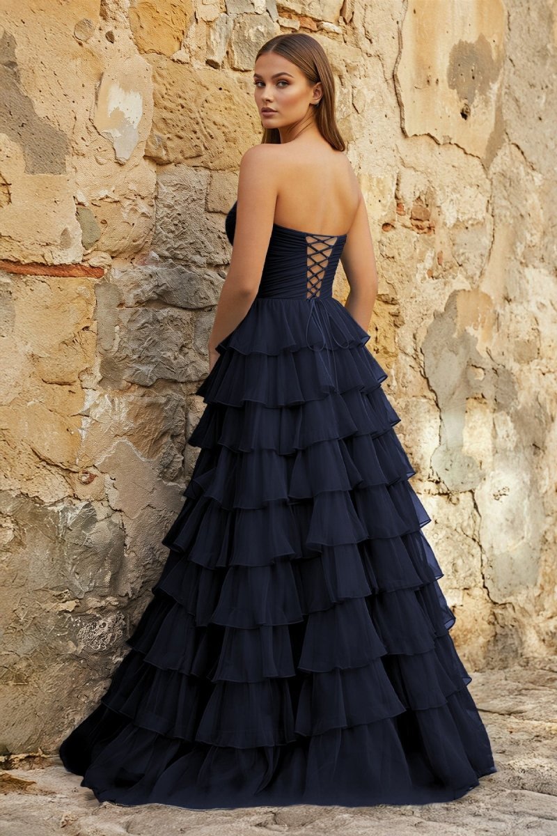 Sweetheart Blue Chiffon Tiered A-line Prom Dresses - Curvevia