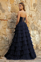 Sweetheart Blue Chiffon Tiered A-line Prom Dresses - Curvevia