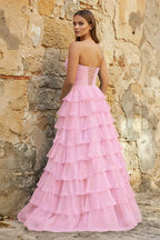 Sweetheart Blue Chiffon Tiered A-line Prom Dresses - Curvevia