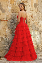 Sweetheart Blue Chiffon Tiered A-line Prom Dresses - Curvevia