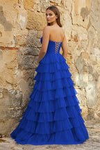 Sweetheart Blue Chiffon Tiered A-line Prom Dresses - Curvevia