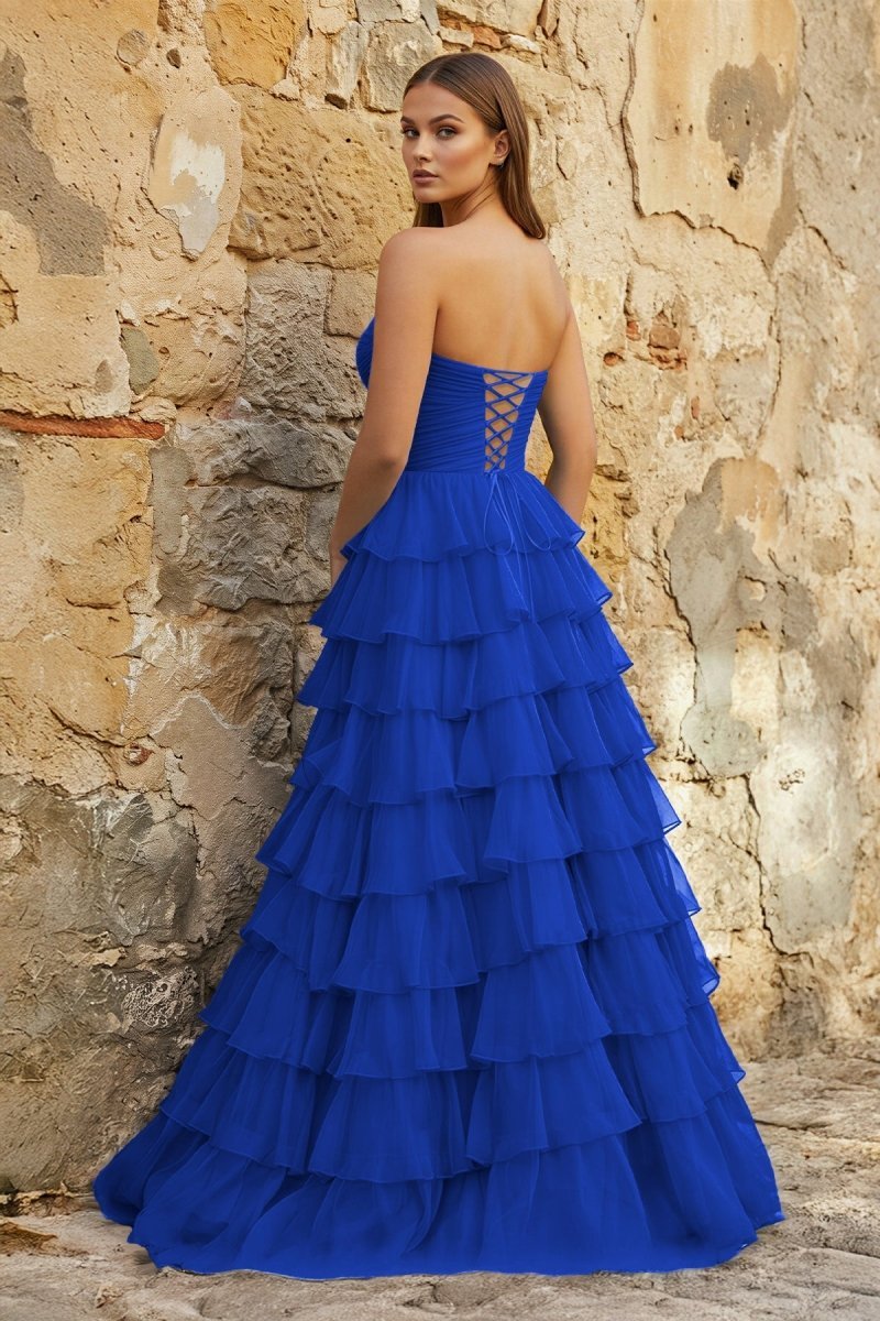 Sweetheart Blue Chiffon Tiered A-line Prom Dresses - Curvevia