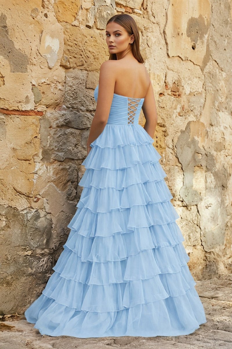Sweetheart Blue Chiffon Tiered A-line Prom Dresses - Curvevia