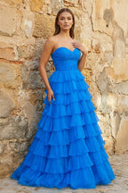 Sweetheart Blue Chiffon Tiered A-line Prom Dresses - Curvevia