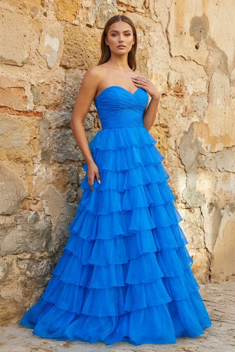 Sweetheart Blue Chiffon Tiered A-line Prom Dresses - Curvevia