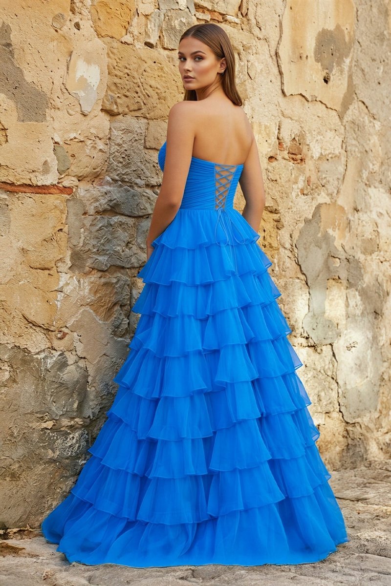 Sweetheart Blue Chiffon Tiered A-line Prom Dresses - Curvevia