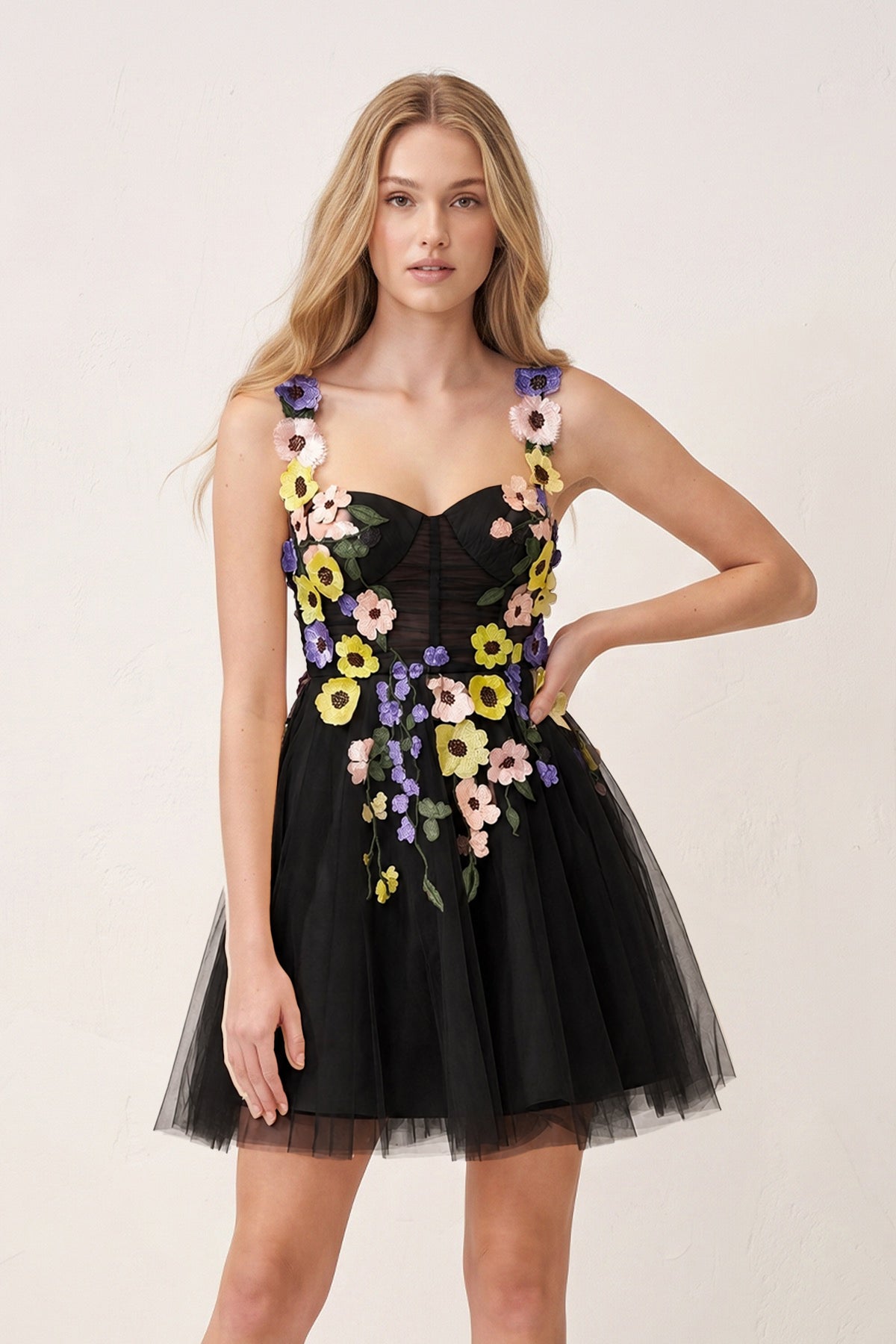 3D Flower Tulle Short Length Wedding Guest Dress - Curvevia