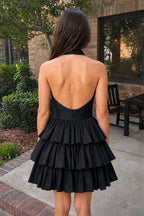 A-Line Deep Halter Satin Short Wedding Guest Dress with Ruffles - Curvevia