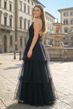 Black A-line Deep Spaghetti Straps Cross Back Tulle Multi-Layers Long Prom Dress - Curvevia