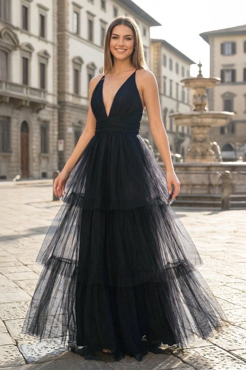 Black A-line Deep Spaghetti Straps Cross Back Tulle Multi-Layers Long Prom Dress - Curvevia