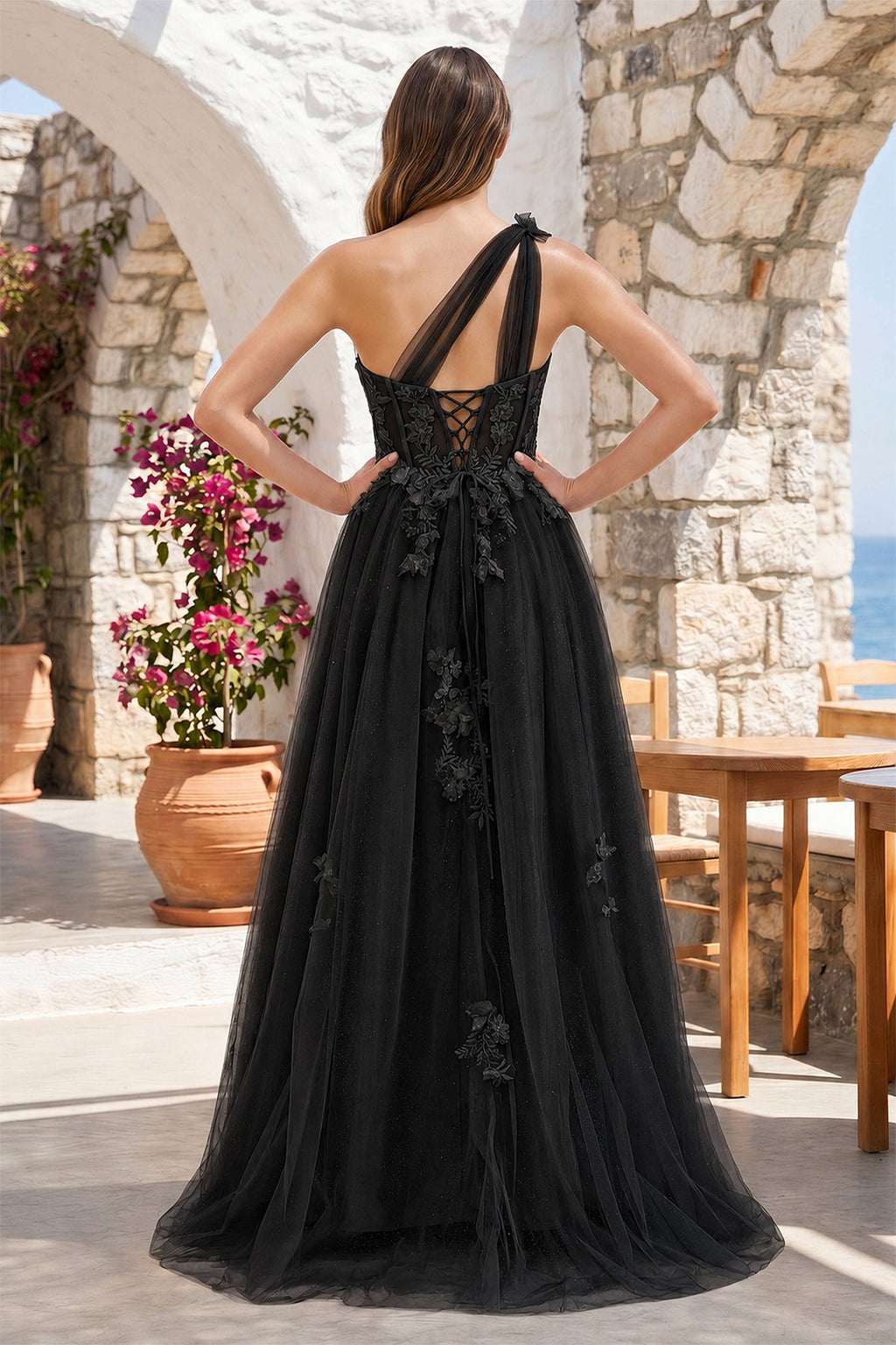 A Line One Shoulder Black Long Prom Dress with Appliques - Curvevia