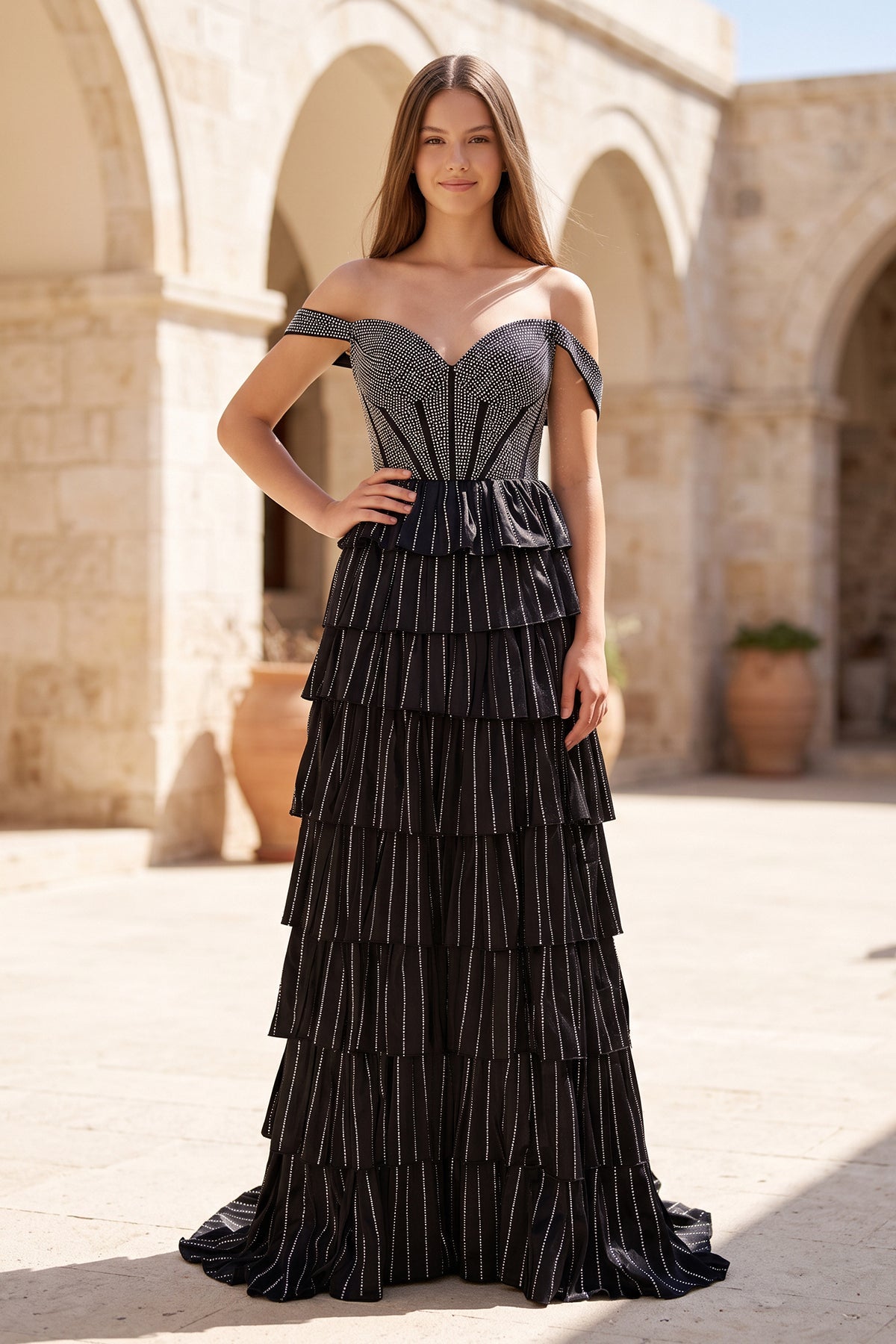 A Line Off-the-Shoulder Satin Tiered Long Evening Dress With Beads - Curvevia