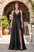 A-Line V-Neck Satin Mother of the Bride Dress with Slit - Curvevia