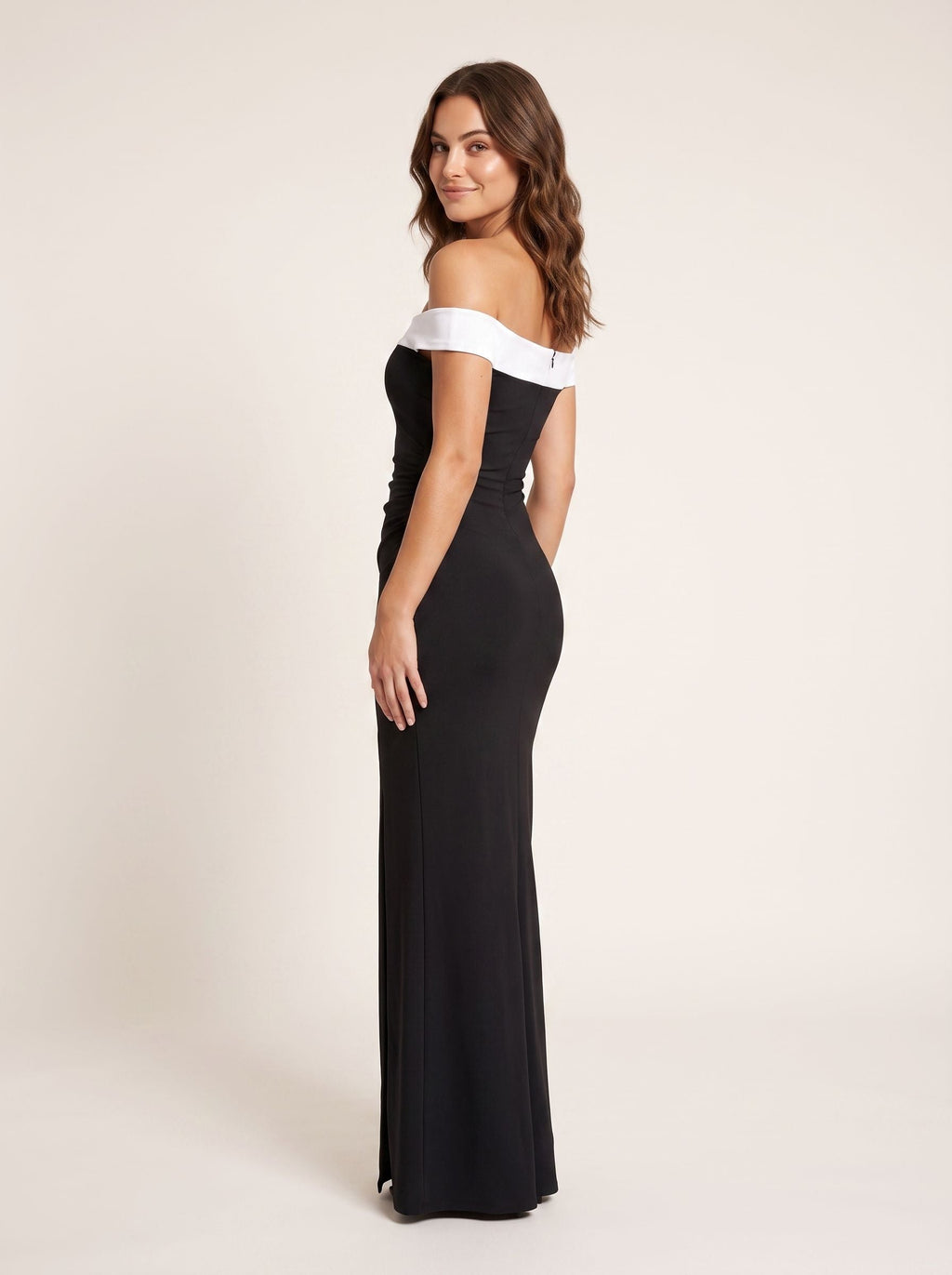 Black Satin Mermaid Off-the-Shoulder Back Zip Floor-Length Dress with contrast foldover - Curvevia