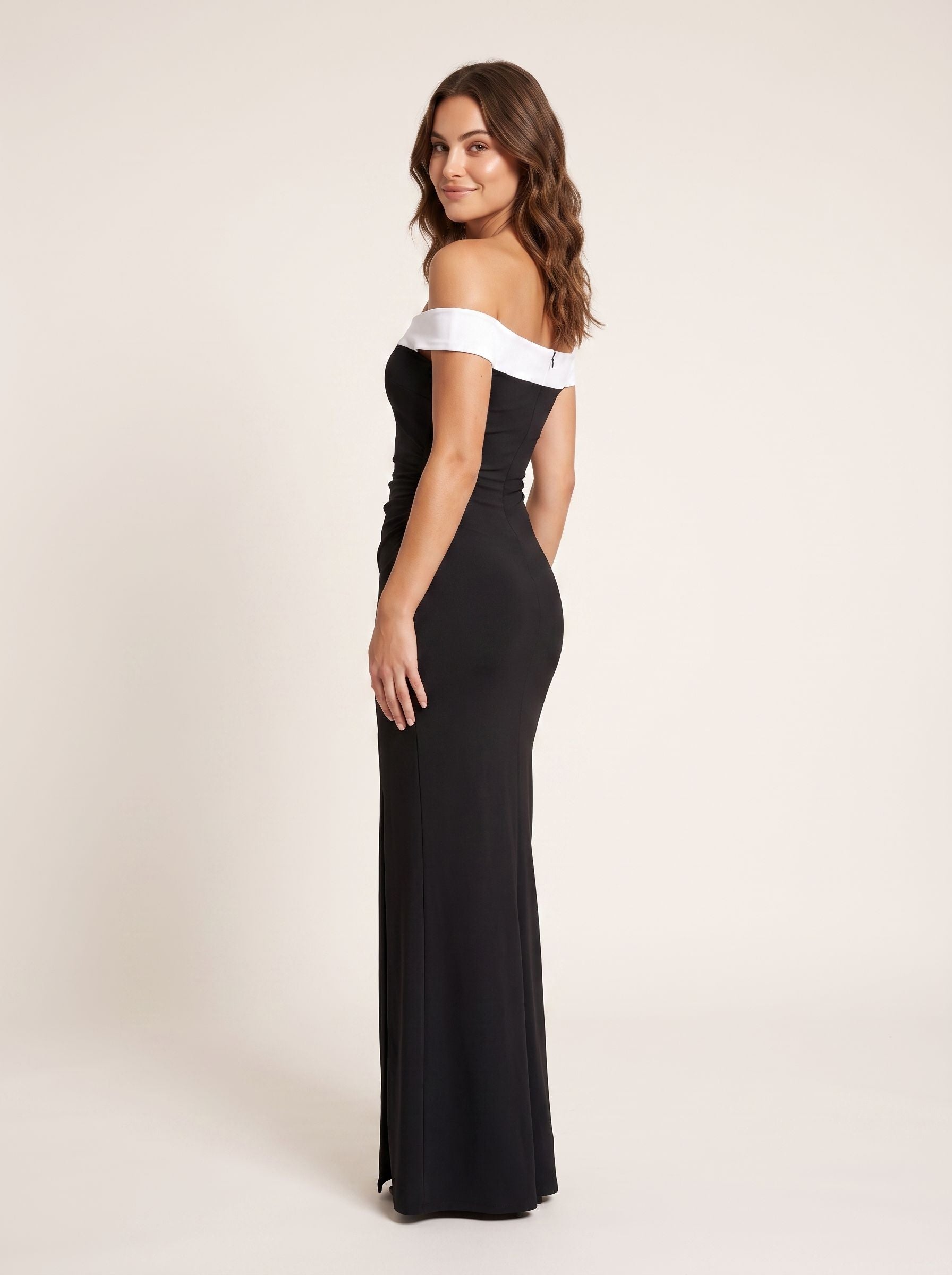 Black Satin Mermaid Off-the-Shoulder Back Zip Floor-Length Dress with contrast foldover - Curvevia