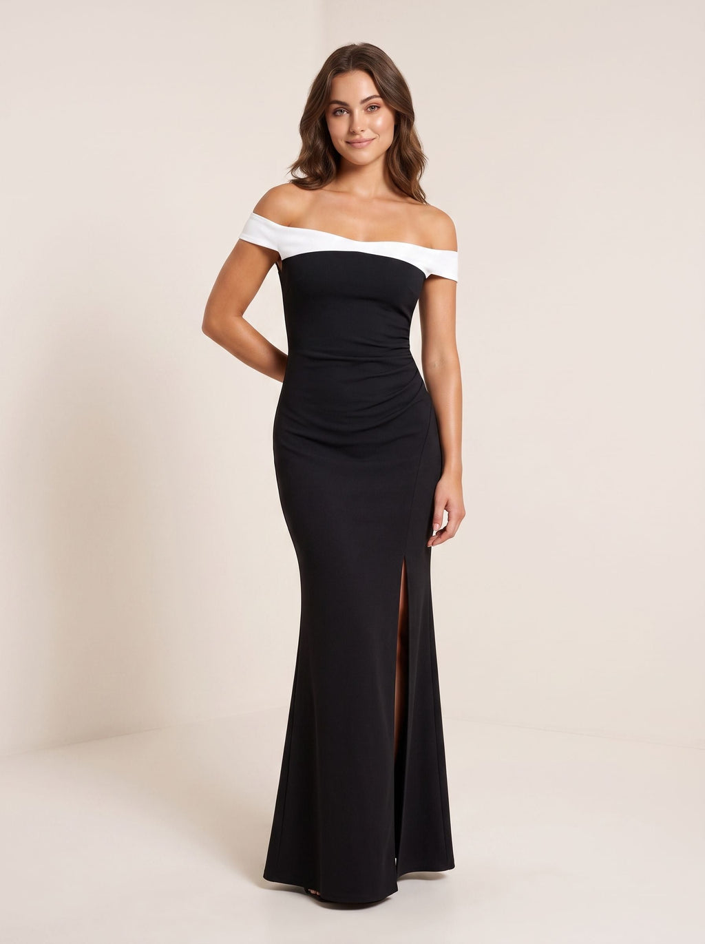 Black Satin Mermaid Off-the-Shoulder Back Zip Floor-Length Dress with contrast foldover - Curvevia