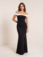 Black Satin Mermaid Off-the-Shoulder Back Zip Floor-Length Dress with contrast foldover - Curvevia
