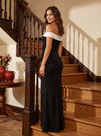 Black Satin Mermaid Off-the-Shoulder Back Zip Floor-Length Dress with contrast foldover - Curvevia