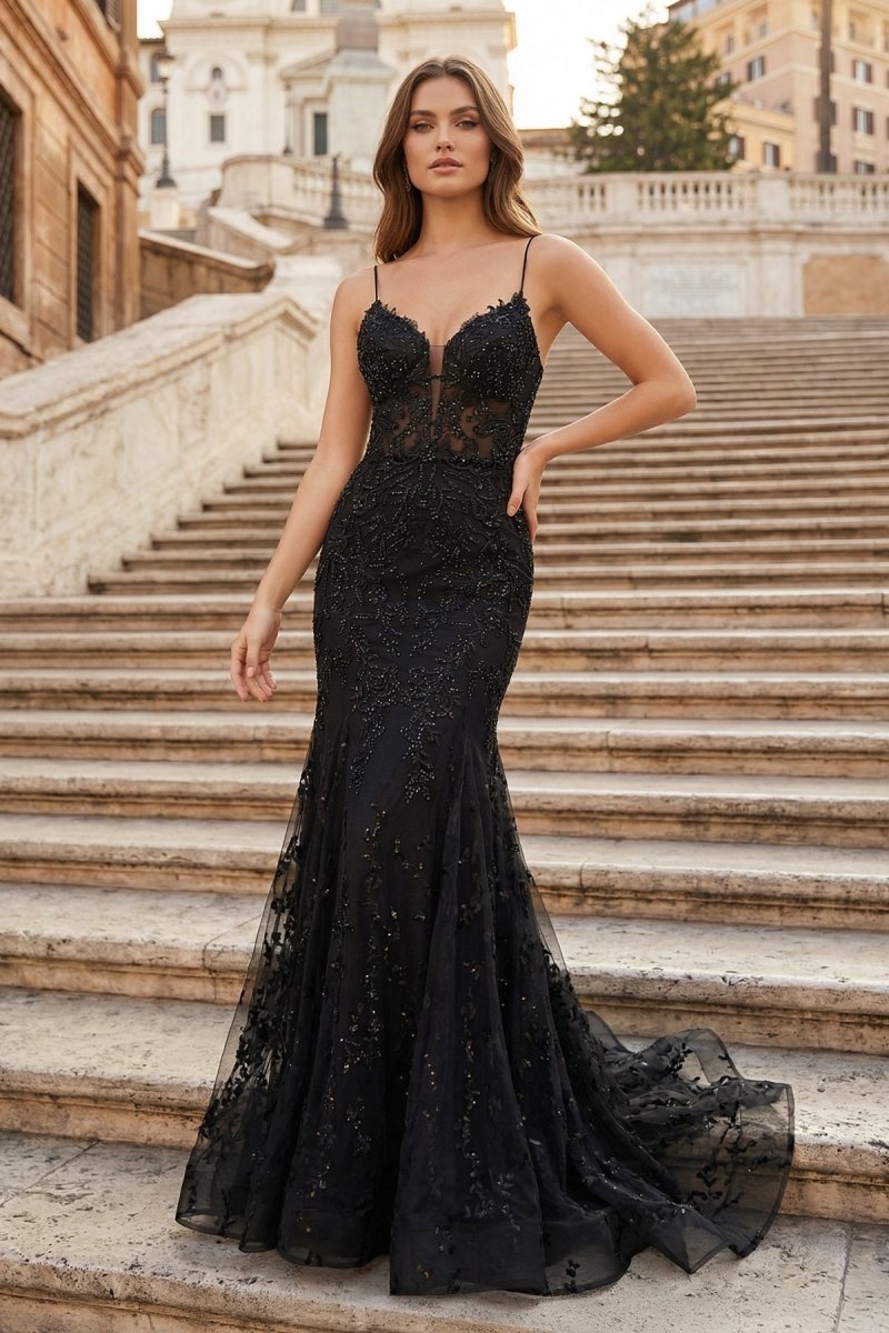 Black Appliques Plunge V Lace-Up Trumpet Prom Gown - Curvevia