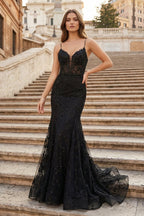 Black Appliques Plunge V Lace-Up Trumpet Prom Gown - Curvevia