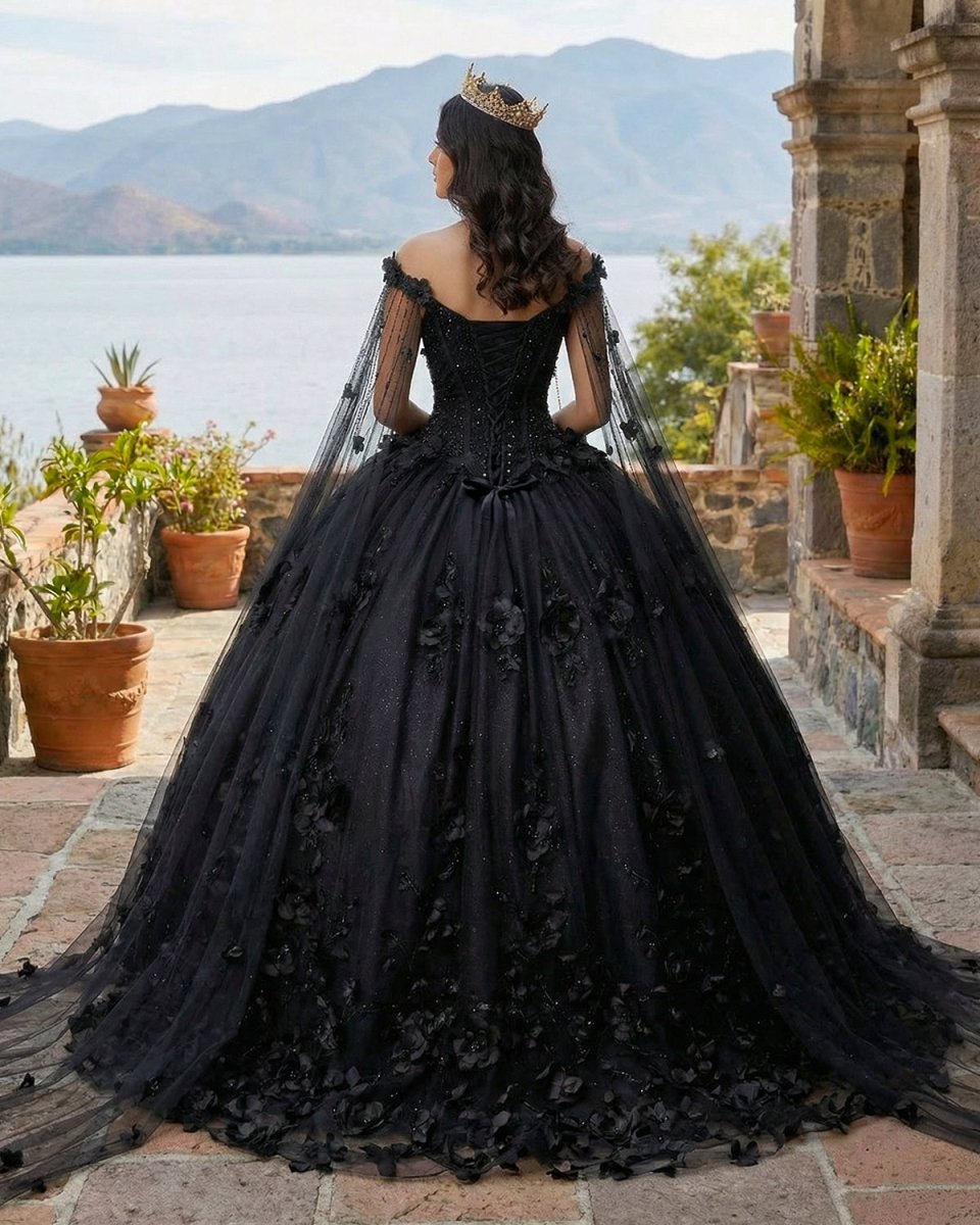 Black Ball Gown Quinceanera Dresses with Flowers - Curvevia