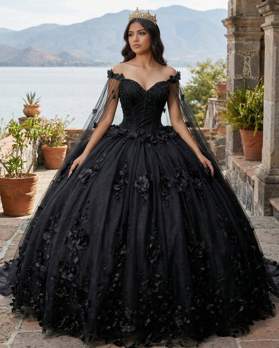 Black Ball Gown Quinceanera Dresses with Flowers - Curvevia