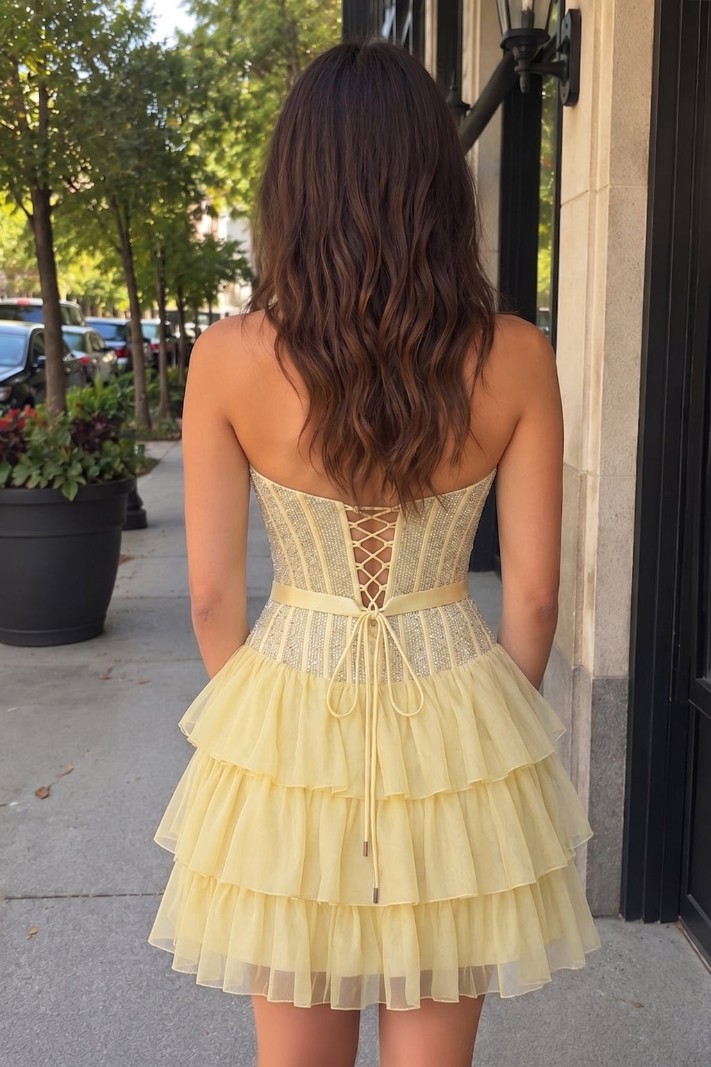 Black Beaded Corset Strapless Ruffled A-Line Wedding Guest Dress - Curvevia