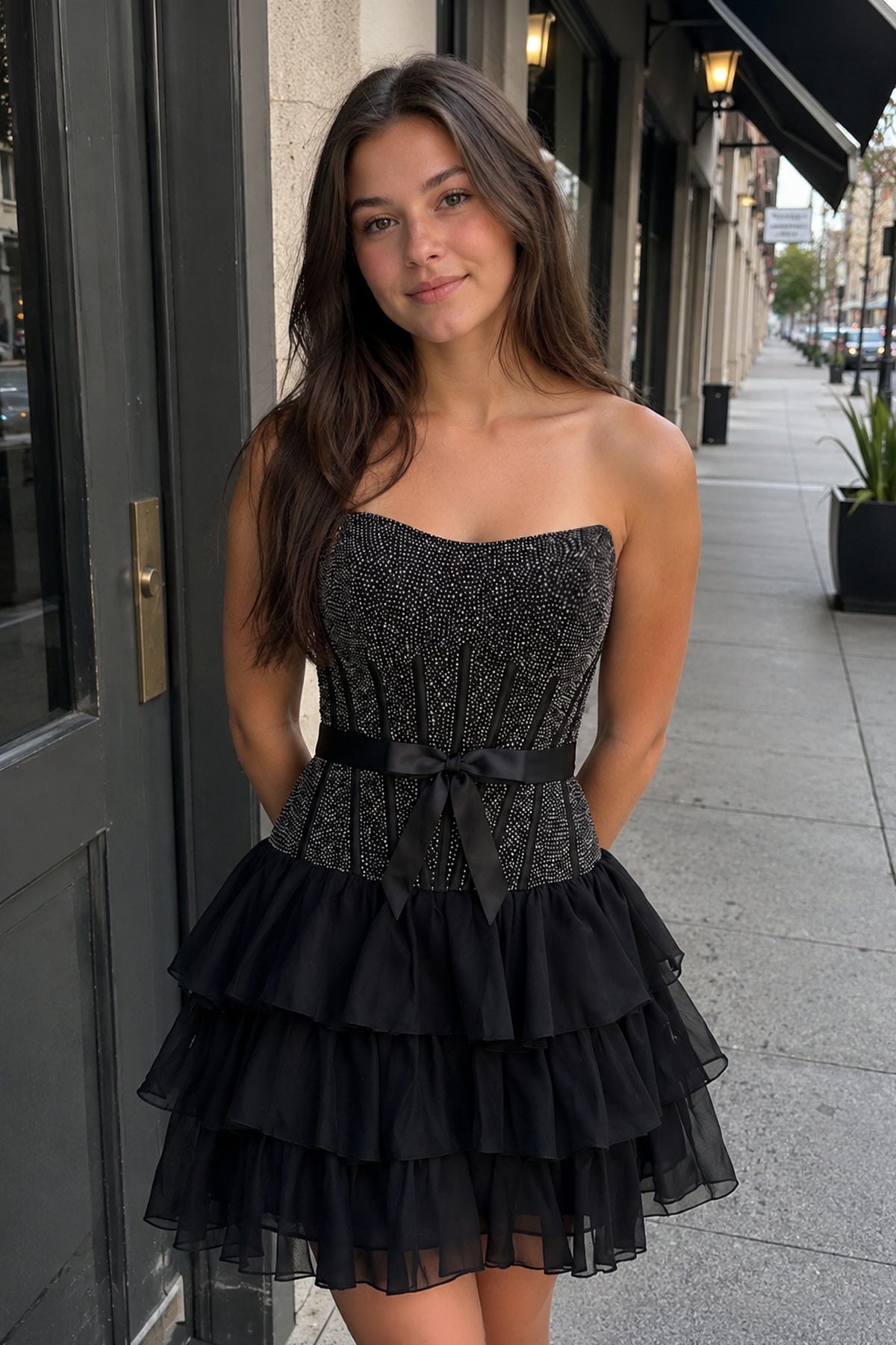 Black Beaded Corset Strapless Ruffled A-Line Wedding Guest Dress - Curvevia