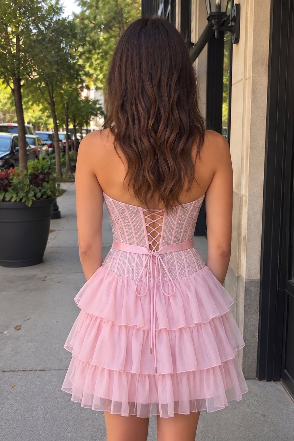 Black Beaded Corset Strapless Ruffled A-Line Wedding Guest Dress - Curvevia