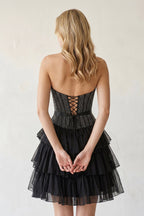 Black Beaded Corset Strapless Ruffled A-Line Wedding Guest Dress - Curvevia