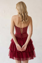 Black Beaded Corset Strapless Ruffled A-Line Wedding Guest Dress - Curvevia