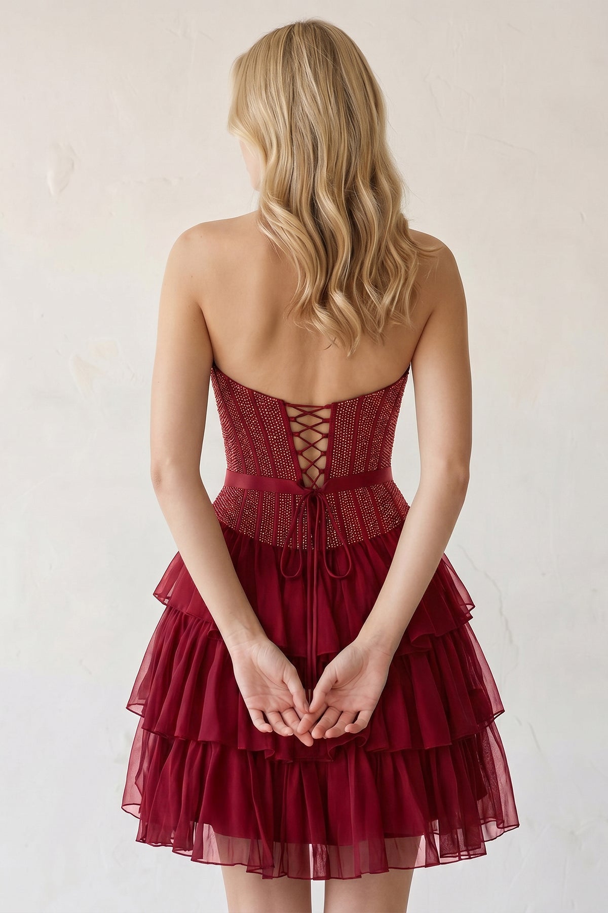 Black Beaded Corset Strapless Ruffled A-Line Wedding Guest Dress - Curvevia