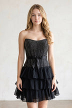 Black Beaded Corset Strapless Ruffled A-Line Wedding Guest Dress - Curvevia