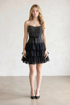 Black Beaded Corset Strapless Ruffled A-Line Wedding Guest Dress - Curvevia