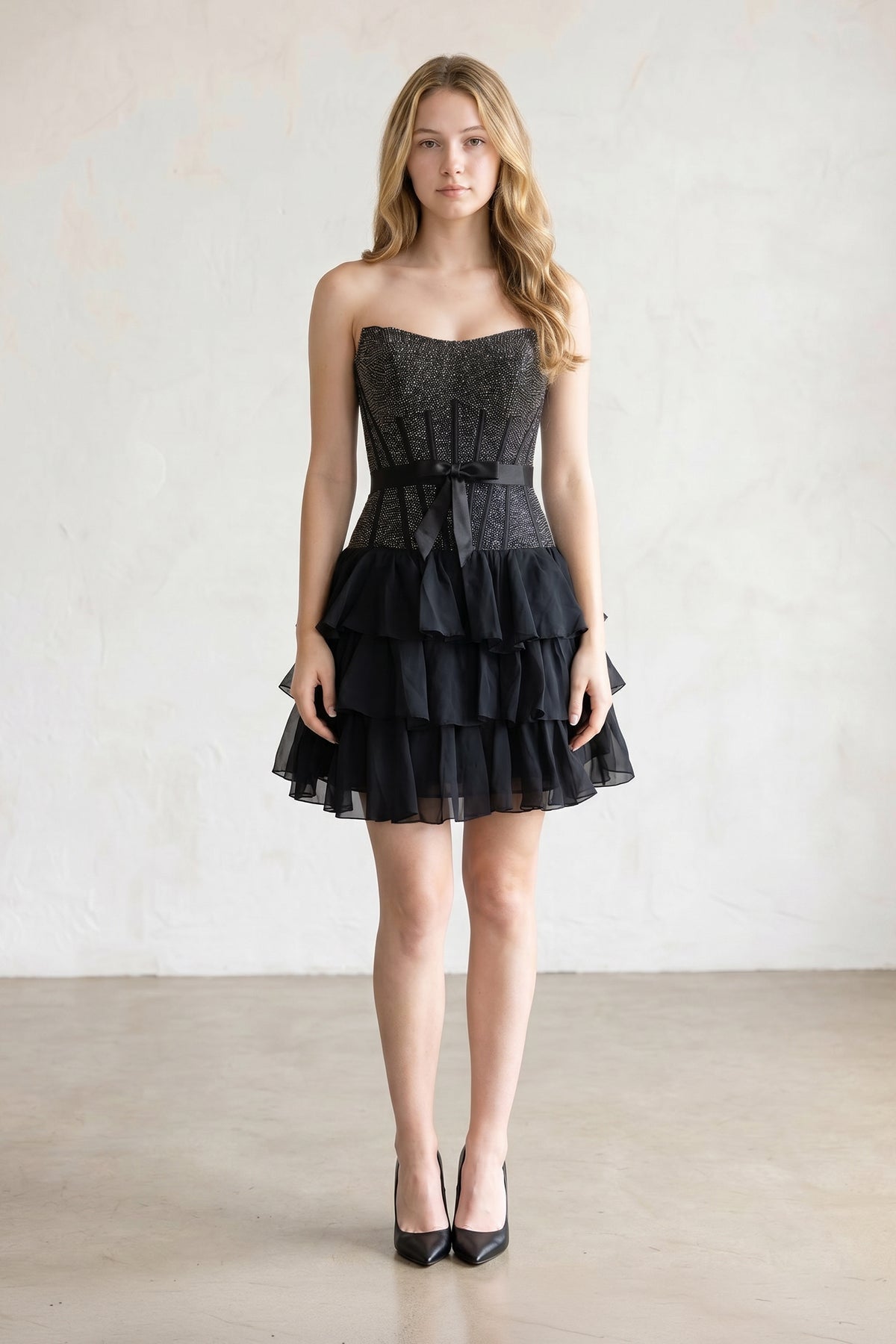 Black Beaded Corset Strapless Ruffled A-Line Wedding Guest Dress - Curvevia