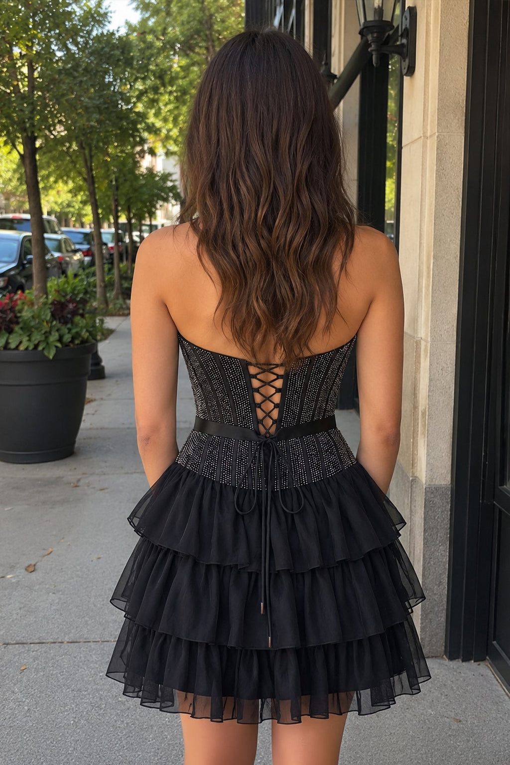 Black Beaded Corset Strapless Ruffled A-Line Wedding Guest Dress - Curvevia
