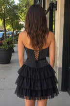 Black Beaded Corset Strapless Ruffled A-Line Wedding Guest Dress - Curvevia