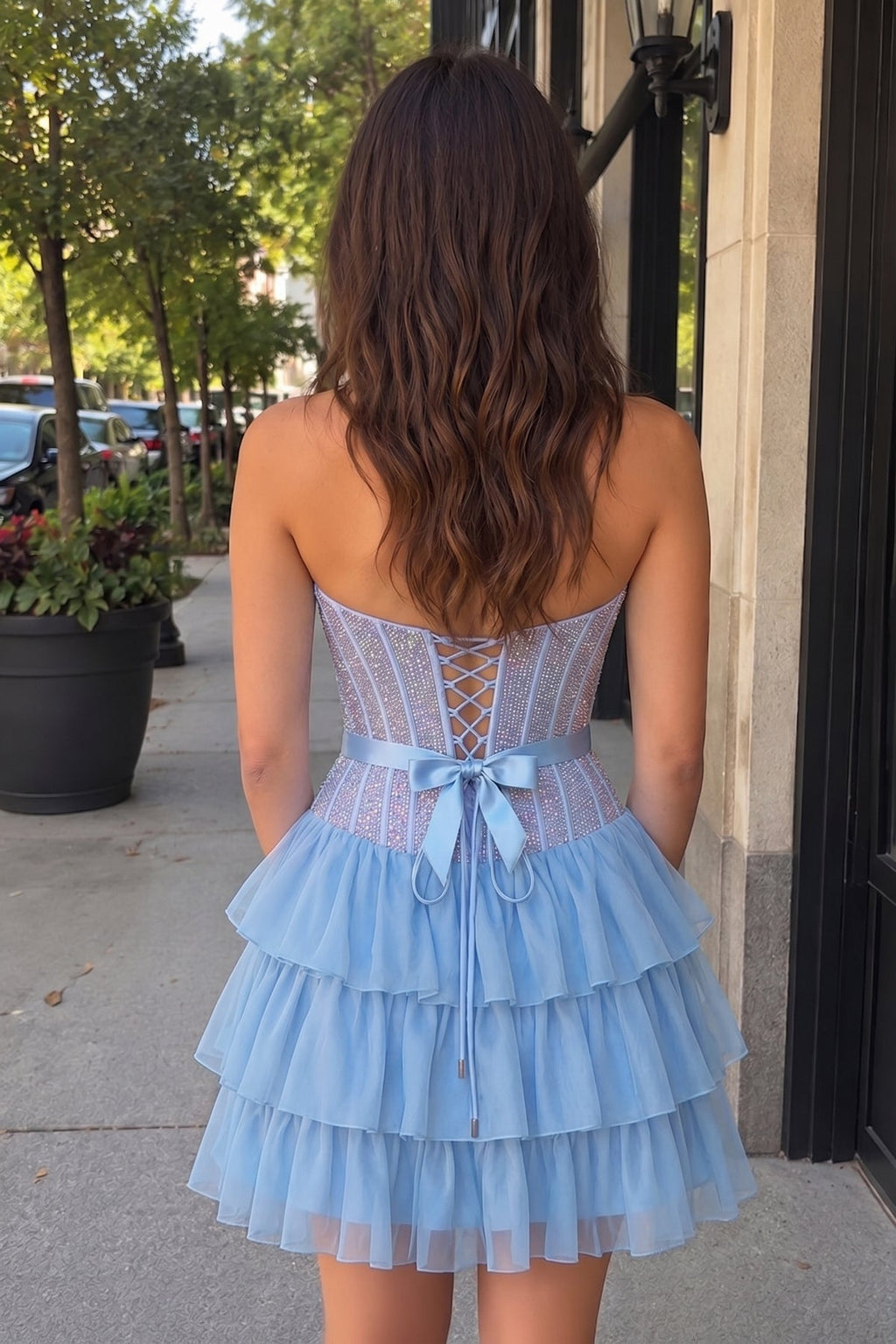 Black Beaded Corset Strapless Ruffled A-Line Wedding Guest Dress - Curvevia