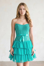 Black Beaded Corset Strapless Ruffled A-Line Wedding Guest Dress - Curvevia