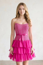 Black Beaded Corset Strapless Ruffled A-Line Wedding Guest Dress - Curvevia