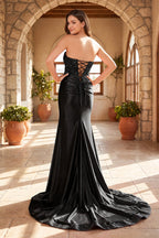 Fuchsia Beaded Strapless Applique Evening Dress with Slit - Curvevia