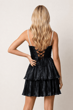 Black Spaghetti Straps A Line Metallic Pleated Short Wedding Guest Dress With Beading - Curvevia