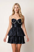 Black Spaghetti Straps A Line Metallic Pleated Short Wedding Guest Dress With Beading - Curvevia