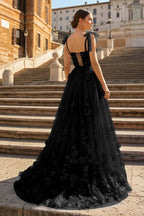 Scarlet Tulle A-line 3D Flower Long Evening Dress With Slit - Curvevia