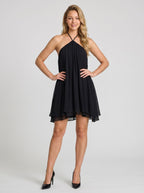 Black Chiffon A-Line Halter neckline Backless Short Dress with an Asymmetrical Hem - Curvevia