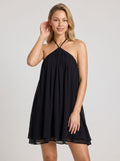 Black Chiffon A-Line Halter neckline Backless Short Dress with an Asymmetrical Hem - Curvevia