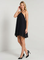 Black Chiffon A-Line Halter neckline Backless Short Dress with an Asymmetrical Hem - Curvevia