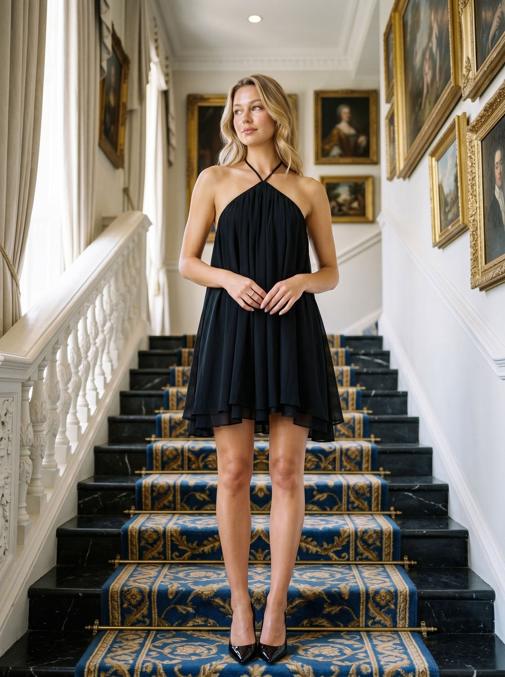 Black Chiffon A-Line Halter neckline Backless Short Dress with an Asymmetrical Hem - Curvevia