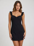 Black Chiffon A-Line V-Neck Side Zip Short Dress with Ruffle Details - Curvevia