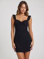 Black Chiffon A-Line V-Neck Side Zip Short Dress with Ruffle Details - Curvevia